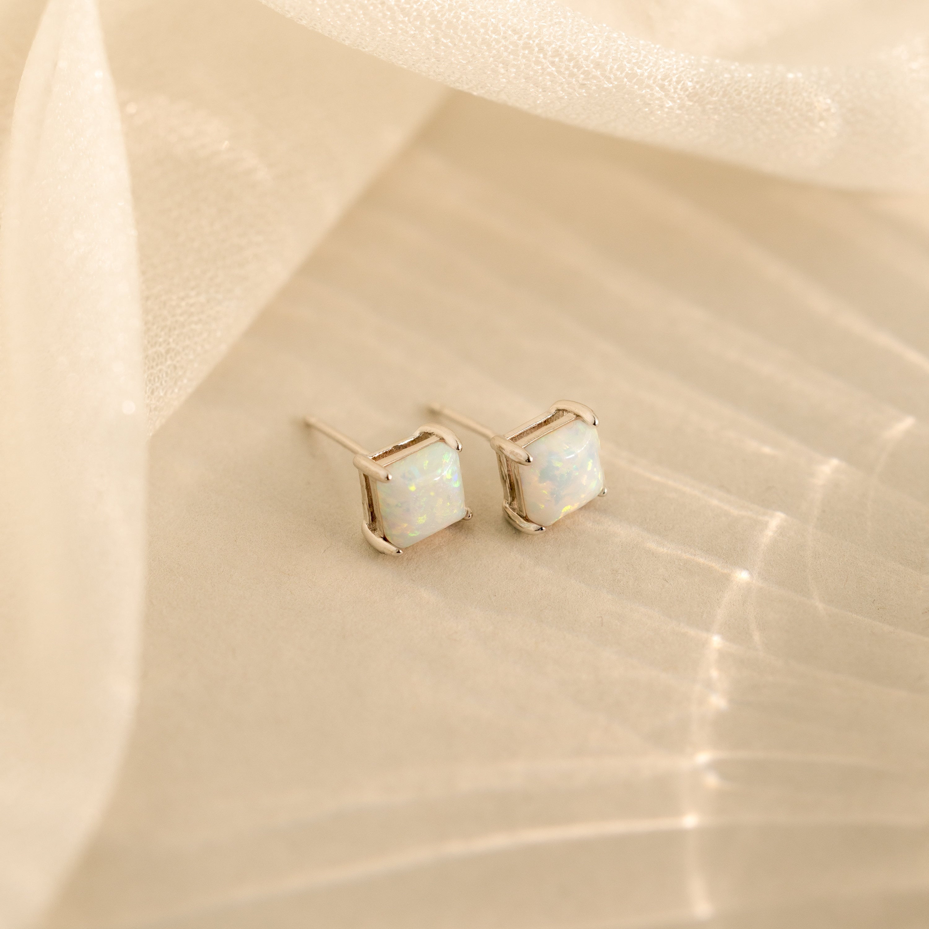 Princess Cut Opal Studs Sterling Silver